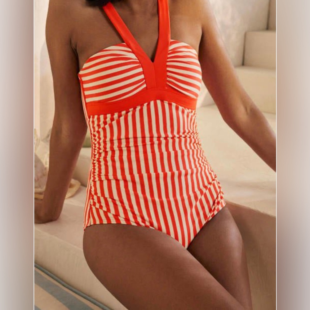 Boden Corsica Coral & Ivory Stripe Bathing Suit NWT